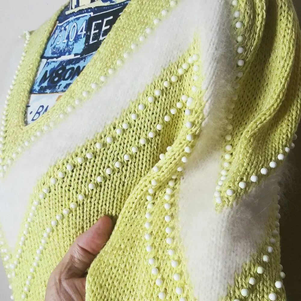 Vtg NANNELL Angora‎ V-Neck Sweater Bead Embellished Puff Sleeve Butter Yellow M